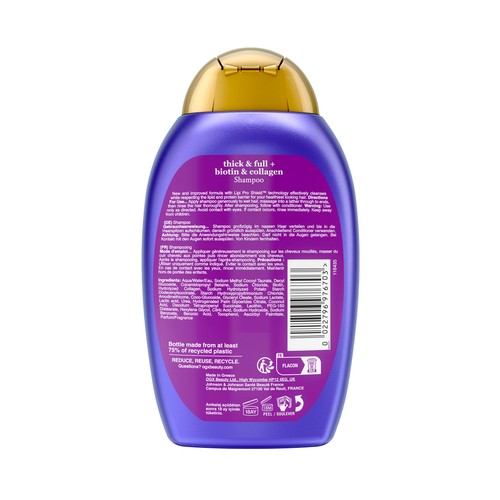 OGX Biotin & collagen Champú voluminizador de Biotina y colágeno, para 72 horas de volumen 385 ml.