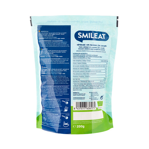 SMILEAT Papilla de cereales ecológicos, con quinoa y sin gluten, a partir de 4 meses 200 g.