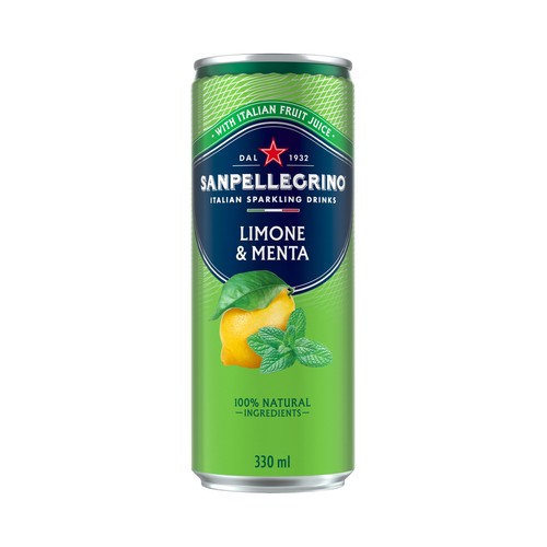 SANPELLEGRINO Agua con gas mineral, sabor limón y menta lata 33 cl.