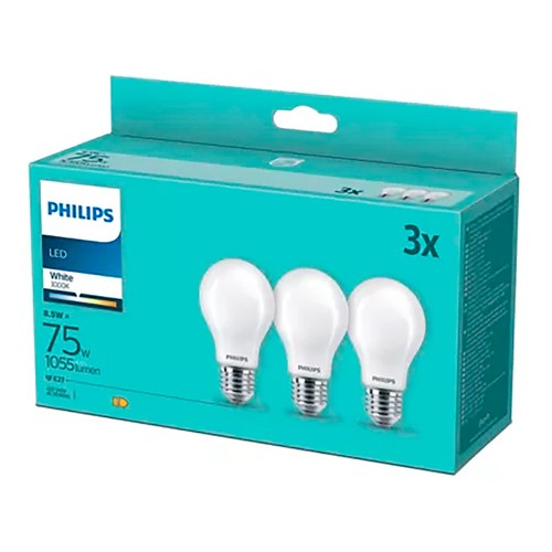 3 Bombillas LED de 75W, E27 luz cálida, PHILLIPS.