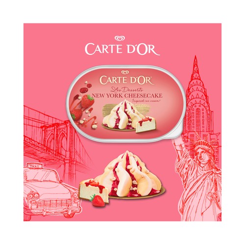 CARTE D"OR Les desserts tarrina de helado sabor a tarta de queso y helado sabor a galleta con salsa de fresa 825 ml.