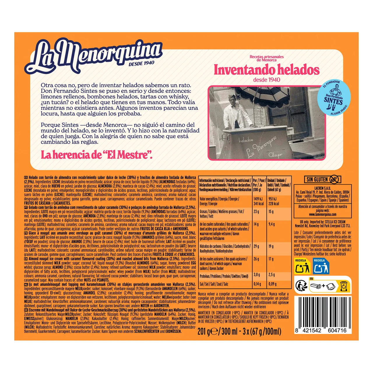 Helado bombón de turrón de almendras con trocitos 3 x 100 ml.