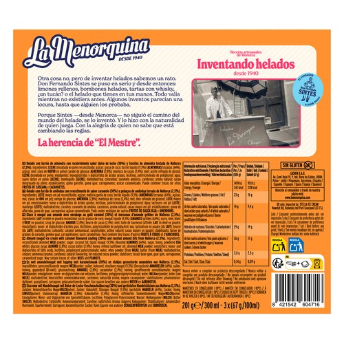 LA MENORQUINA Helado bombón de turrón de almendras con trocitos 3 x 100 ml.