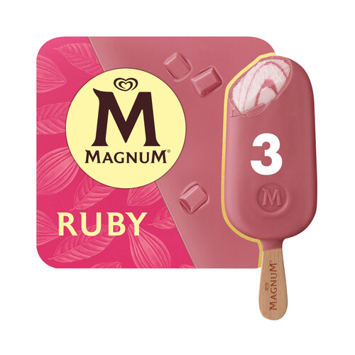 Bombón helado de chocolate blanco, cubierto con chocolate rosa MAGNUM Collection ruby 3 x 90 ml.