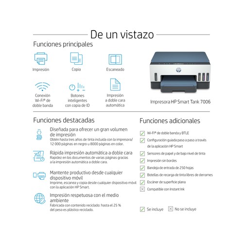 Impresora multifunción tinta HP Smart Tank 7006e 28B55A, WiFi, USB, HP Smart App.