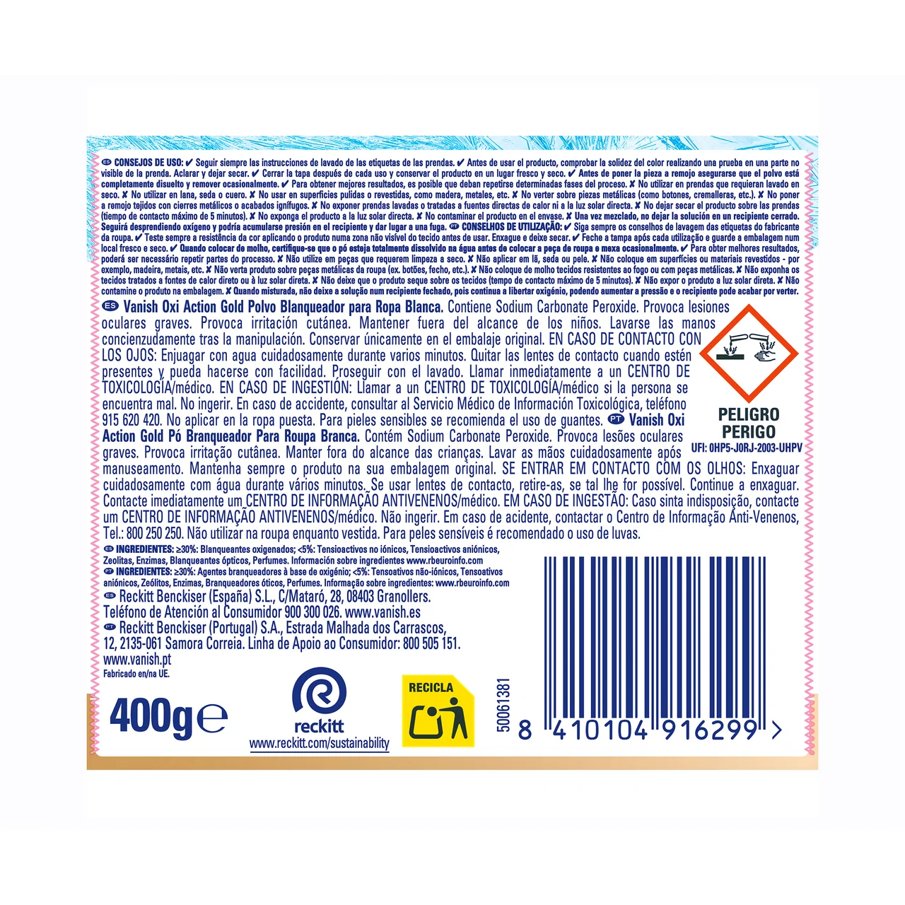 Potenciador del lavado multifunción con triple efecto: quitamanchas, blanqueante instantáneo y cuidado/brillo de los blancos 400 g.