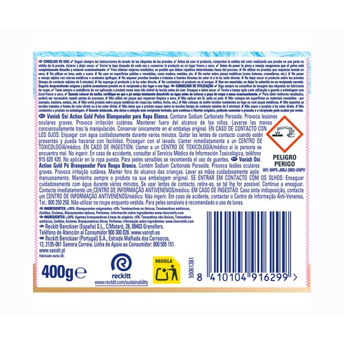 VANISH Potenciador del lavado multifunción con triple efecto: quitamanchas, blanqueante instantáneo y cuidado/brillo de los blancos 400 g.