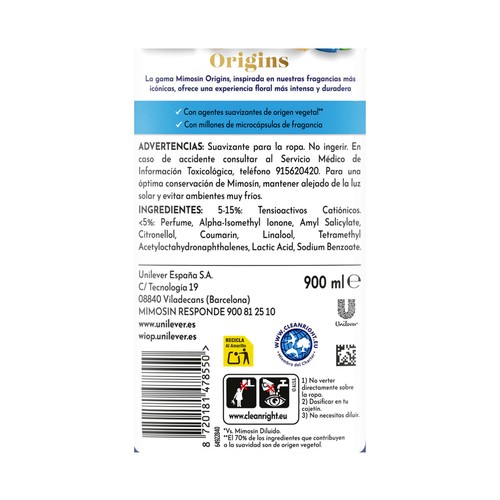 MIMOSIN Origins Suavizante concentrado con aroma a bergamota salvaje 900 ml, 50 lavados.