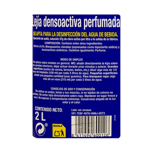 PRODUCTO ALCAMPO Lejía perfumada densoactiva 2 l.