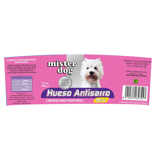 MISTER DOG Huesos dentales antisarro para perros de talla mini MISTER DOG 12 uds. 140 g.