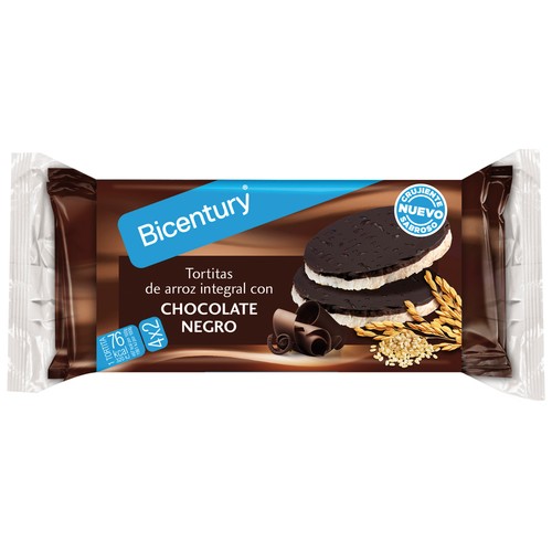 Tortitas de arroz integral con chocolate negro BICENTURY, 130 g.