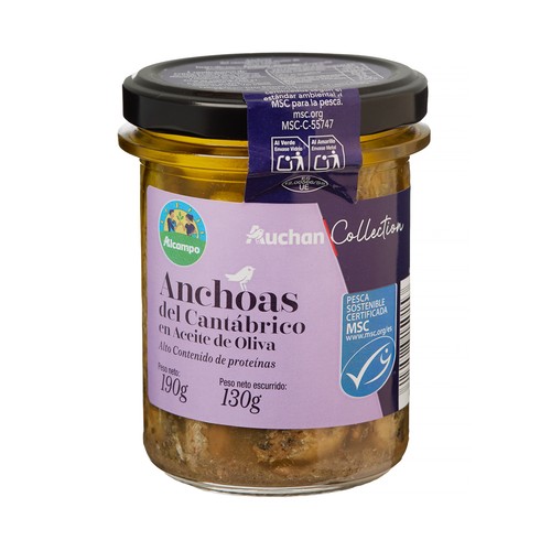 PRODUCTO ALCAMPO Anchoas del Cantábrico (MSC) en aceite de oliva tarro 130 g.
