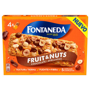 FONTANEDA Barritas de cereales con avellanas y gotas de chocolate enriquecidas con magnesio FONTANEDA 4 uds. x 40 g.