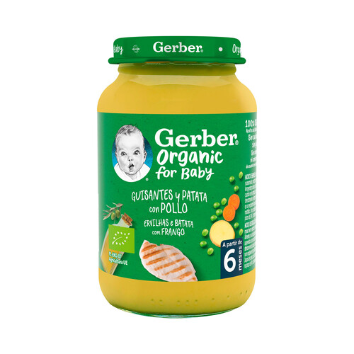 GERBER Organic Tarrito de guisantes con patata y pollo, a partir de 6 meses 190 g.