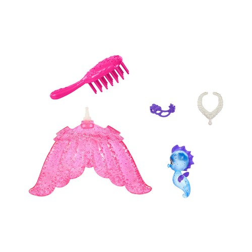 BARBIE Mermaid Power Malibu Muñeca sirena con pelo azul, cola fantasía, caballito de mar, cepillo y accesorios de joyería, MATTEL HHG52.