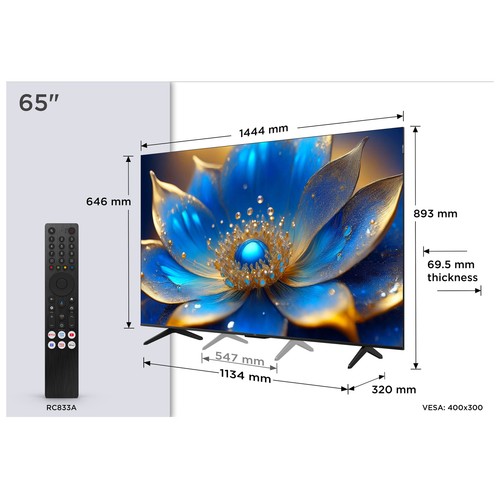 Televisión 165,1 cm (65") QLED TCL 65P7K, 4k, GOOGLE TV, Bluetooth, 3 HDMI, USB, HDR10.