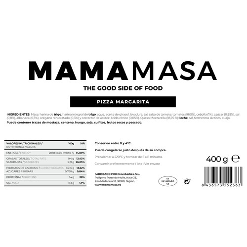 MAMAMASA Pizza margarita formato 30 x 18 cm, con mozzarella Fior di Latte 400 g.