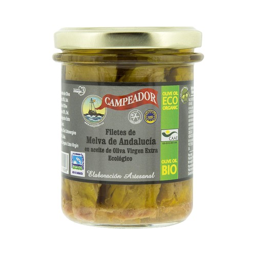 CAMPEADOR Melva de Andalucía, filetes en aceite de oliva virgen extra ecológica CAMPEADOR 135 g.