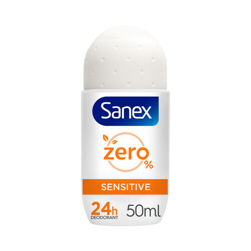 SANEX Zero % Sensitive Desodorante roll on para mujer, con protección antitranspirante hasta 24h, especial pieles sensibles 50 ml.