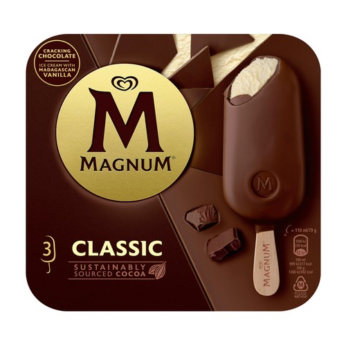 MAGNUM Bombón helado de vainilla recubierto de chocolate con leche 3 x 110 ml.