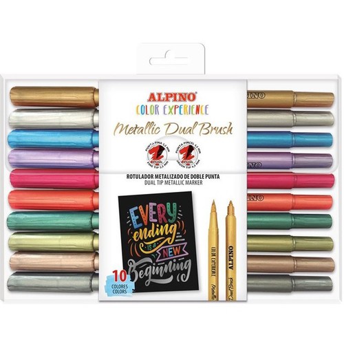 Estuche de 10 rotuladores metallic lettering con doble punta, ALPINO.