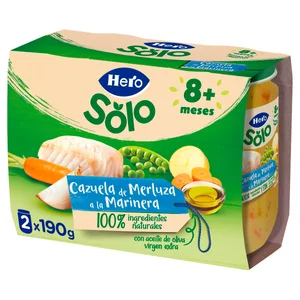 HERO Solo Tarrtios de cazuelita de merluza a la marinera (textura con trocitos), a paritr de 8 meses 2 x 190 g.