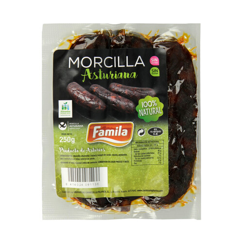 FAMILIA Morcilla ahumada asturiana, elaborada con ingredientes 100% naturales, sin gluten y sin lactosa FAMILIA 250 g.