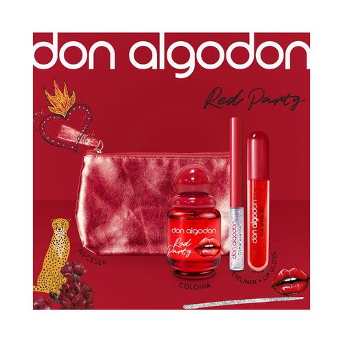 DON ALGODÓN Red party Neceser para mujer con colonia, brillo de labios 3D y eyeliner brillante.
