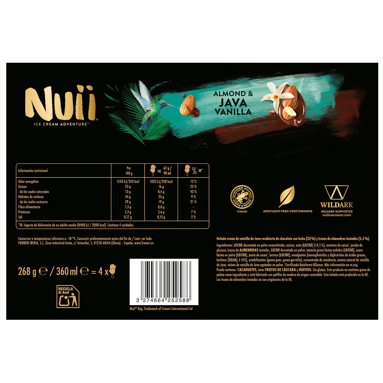 De Nestlé Bombón de helado de vainilla de Java, cubierto de chocolate con leche y trocitos de almendras 3 x 90 g.