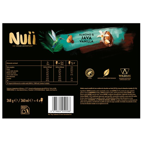 NUII de Nestlé Bombón de helado de vainilla de Java, cubierto de chocolate con leche y trocitos de almendras 3 x 90 g.