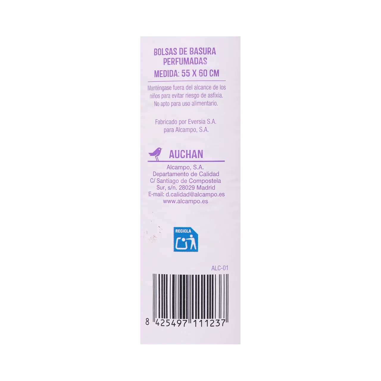 PRODUCTO ALCAMPO Bolsas de basura, lila con autocierre y aroma lavanda capacidad 30 litros 55 x 60 cm 20 uds.