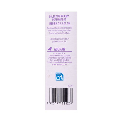 PRODUCTO ALCAMPO Bolsas de basura, lila con autocierre y aroma lavanda capacidad 30 litros 55 x 60 cm 20 uds.