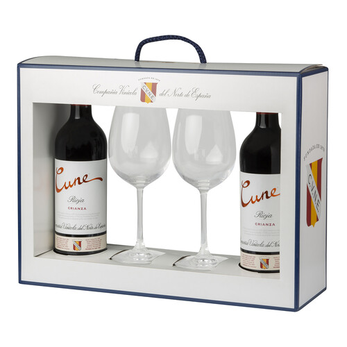CUNE Estuche con 2 botellas de vino tinto crianza con D.O Ca. Rioja y 2 copas.