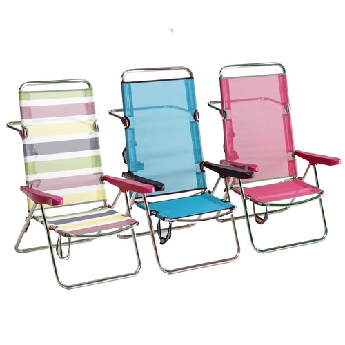 Silla plegable con posición de cama para camping y playa. Fabricada en aluminio, con asiento y respaldo alto de textileno, medidas 60x65x100 centímetros FIBERLINE.