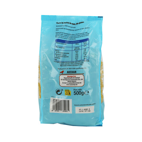 PRODUCTO ALCAMPO Pasta espirales sin gluten 500 g.