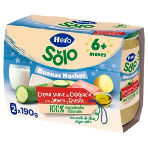 HERO Solo buenas noches Tarrito de crema suave de calabacín con jamón y quesito, a partir de 6 meses 2 x 190 g.
