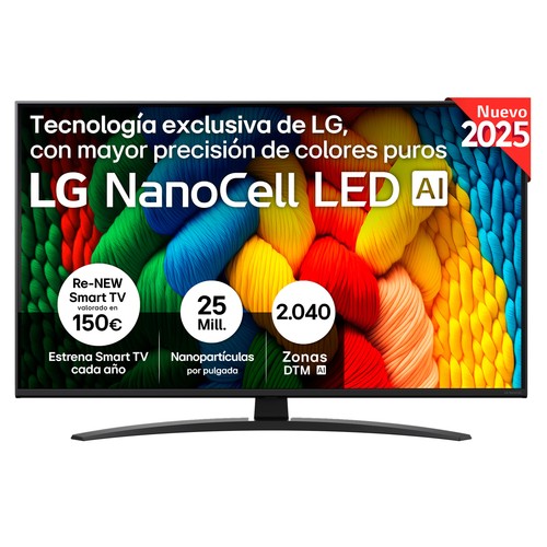 Televisión 109,2cm (43") Nanocell LG 43NANO81A6A, 4K, Ultra HD, Smart TV, WEBOS25 IA, 3HDMI, 2 USB, 60Hz, HDR10.