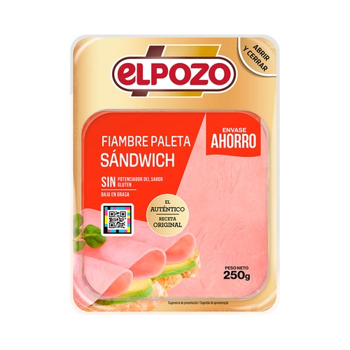 Fiambre de York, especial sándwich, sin gluten y sin lactosa y cortado en lonchas EL POZO 250 g.