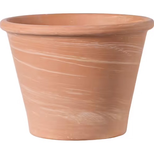 Maceta redonda fabricada en terracota natural en tonos claros. Diseño en dos tonos. Con agujero para drenaje. Capacidad: 4,9 litros