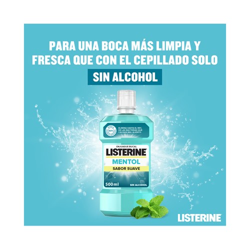 LISTERINE Enjuague bucal de uso diario sin alcohol con sabor suave a mentol 500 ml.