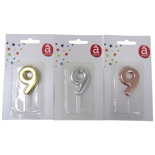 Vela del nº9, color plata, oro o rosa, 4,5 cm, ACTUEL.