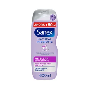 SANEX Gel de ducha o baño micelar equilibrante, para todo tipo de piel y piel seca SANEX Natural prebiotic 600 ml.