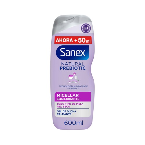 SANEX Natural prebiotic Gel de ducha o baño micelar equilibrante, para todo tipo de piel y piel seca 600 ml.