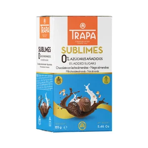 TRAPA Sublimes bombones de chocolate con leche y almendras 0% azúcares añadidos 155 g.