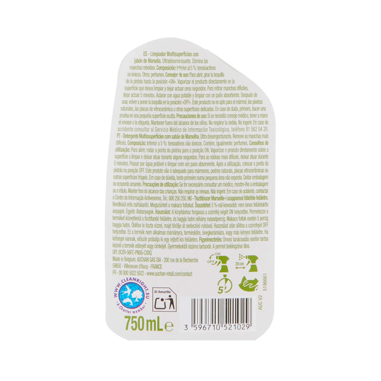 PRODUCTO ALCAMPO Limpiador multisuperficies con jabón de Marsella en spray 750 ml.
