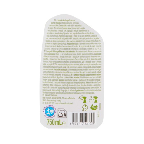 PRODUCTO ALCAMPO Limpiador multisuperficies con jabón de Marsella en spray 750 ml.