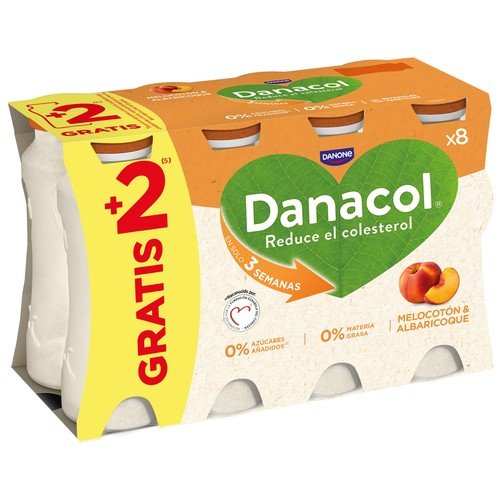 DANACOL de Danone Leche fermentada desnatada con edulcorantes, esteroles vegetales añadidos y sabor melocotón y albaricoque 6 x 96 ml.