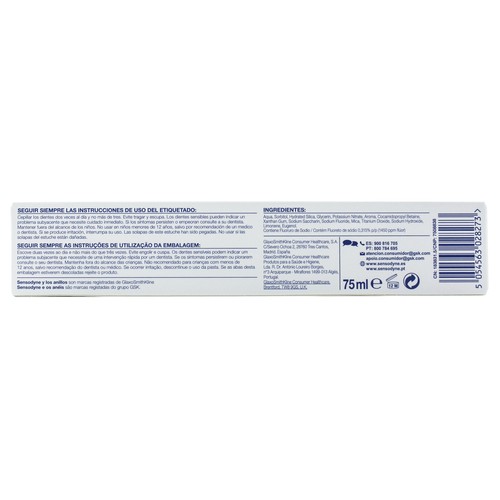 SENSODYNE Pasta de dientes blanqueante con flúor, para dientes sensibles SENSODYNE Cuidado blanqueante 75 ml.