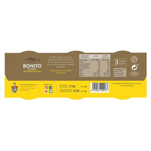 ALBO Bonito del Norte en aceite de oliva pack 3 uds. x 67 g.