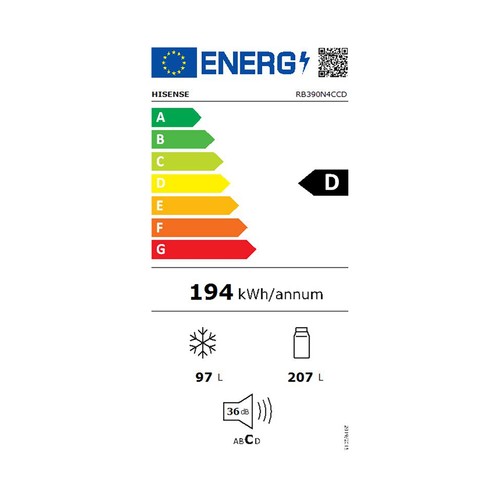 Frigorífico combi 186cm HISENSE RB390N4CCD TOTAL NO FROST, clasificación energética: D, H: 186cm, A: 59,5cm, F: 59cm, capacidad total: 304L.